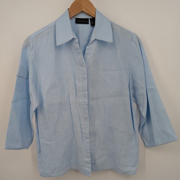 100% Linen Relativity Blue Button Down 3/4 Sleeve Women's Semi-Sheer Top Size M - Picture 1 of 5